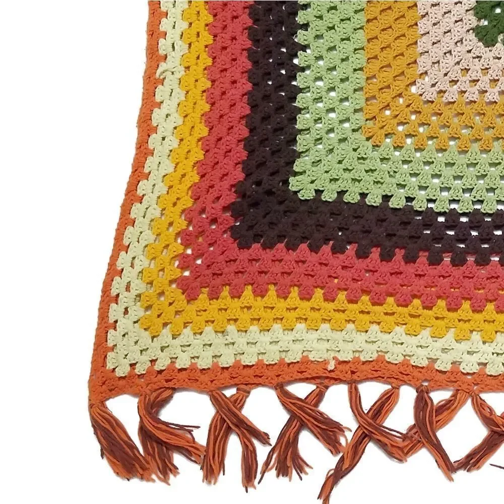 VINTAGE 1970s Handmade Crochet Fall Fringe Granny Square Afghan Throw Blanket
